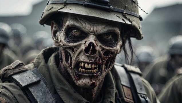 A close-up shot of a zombie soldier wearing a torn military uniform. The zombies face is decayed and his eyes are vacant, halloween mood
