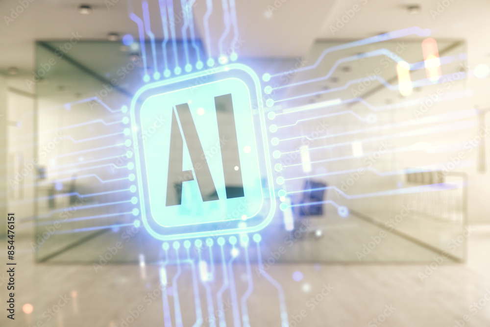 Poster creative artificial intelligence symbol hologram on a modern furnished classroom background. double 