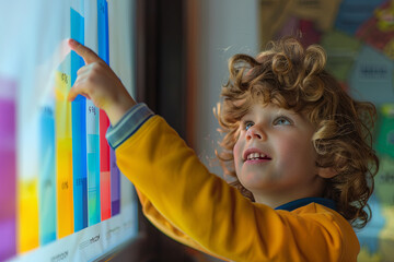 Child pretending to be a businessman, pointing to a rising chart bar, representing imagination, ideas, and success concepts related to education