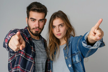 Naklejka premium Young couple or friends, a man and woman in casual clothing, pointing directly at the camera with engaging expressions