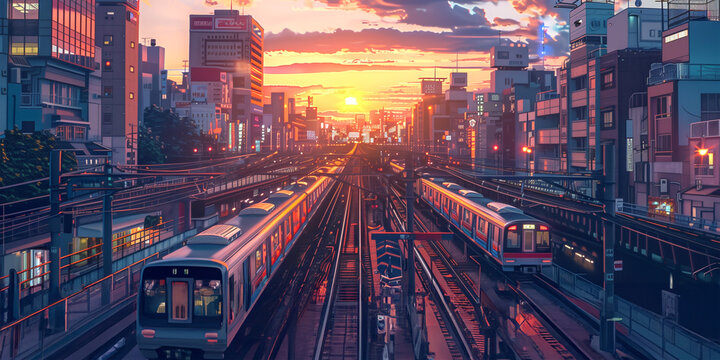 Cityscape With Two Trains Running on Parallel Tracks During Sunset. Generative AI