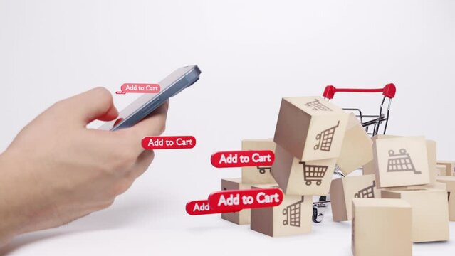 Hand using a smartphone to add items to cart, symbolized by mini shopping cart and floating packages.