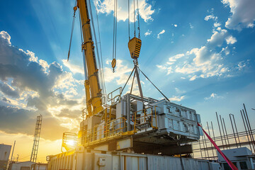 Naklejka premium Industrial crane lifting and operating a large electric generator against a backdrop of sunlight and blue sky, showcasing heavy machinery in action