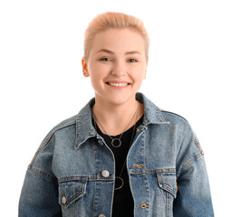 Young woman with short hair on white background, closeup