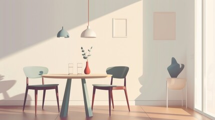 A simple dining room with a table, chairs, and a vase of eucalyptus. Sunlight streams through the window, creating a warm atmosphere.