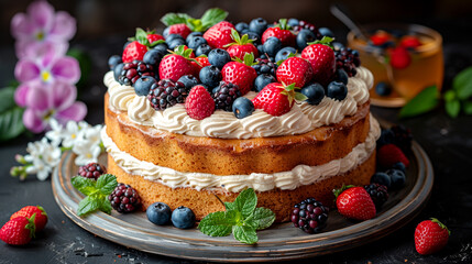 A cake with strawberries and blueberries on top. The cake is on a plate and has a green leaf on it