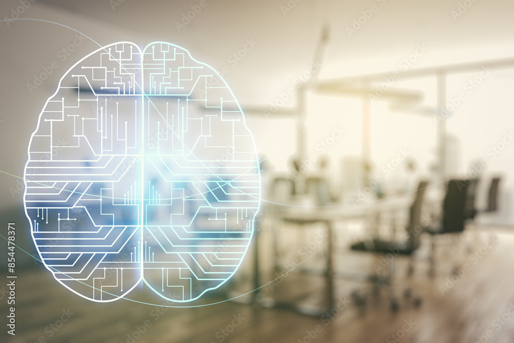 Aufkleber virtual creative artificial intelligence hologram with human brain sketch on a modern furnished clas