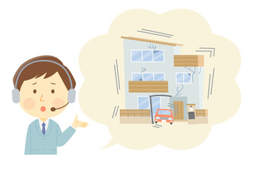 地震被害に遭った場合の対応を説明する男性オペレーターのイラスト