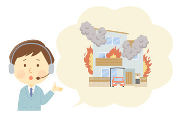 火事に遭った場合の対応を説明する男性オペレーターのイラスト