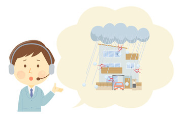 雹被害に遭った場合の対応を説明する男性オペレーターのイラスト