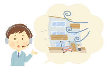 暴風被害に遭った場合の対応を説明する男性オペレーターのイラスト