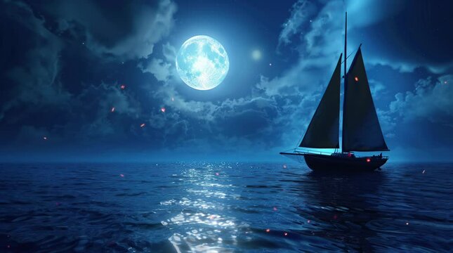Graceful sailboat drifting on the ocean under a full moon in a serene night landscape. Tranquil maritime scene with moonlSeamless looping 4k time-lapse virtual video animation background. Generated AI