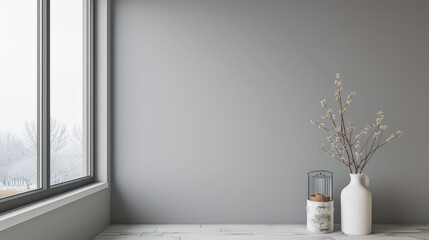 Fototapeta premium Living room designer composition in light grey color with a window projecting light on it and with minimal furniture arrangements. Residential interiors design composition with copy space.