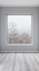 Obraz premium Living room designer composition in light grey color with a window projecting light on it and with minimal furniture arrangements. Residential interiors design composition with copy space.