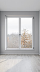 Fototapeta premium Living room designer composition in light grey color with a window projecting light on it and with minimal furniture arrangements. Residential interiors design composition with copy space.