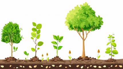 Fototapeta premium A comprehensive infographic of tree planting, with sequential icons of seeds, sprouts, young plants, and mature trees, depicted in a clear and detailed vector style on a white background, providing
