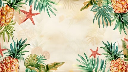 Fototapeta premium Tropical Summer Decorative Border Frame with Blank Mockup Area Displaying Watercolor Pineapple and Starfish Composition