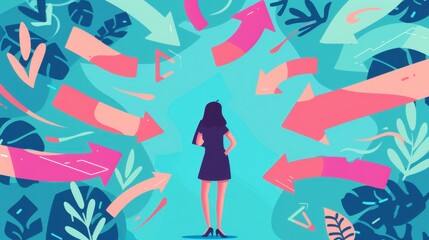 A woman stands in front of a colorful background with many arrows pointing in different directions, symbolizing choices and paths.