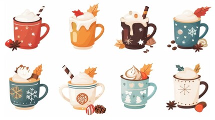 A set of various winter drinks with whipped cream, in decorated mugs, surrounded by festive decorations.