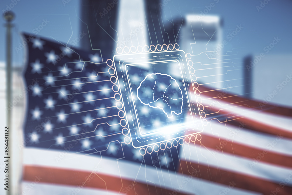 Poster virtual creative artificial intelligence hologram with human brain sketch on us flag and skyline bac