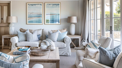 Interior of a living room with white walls, sofa and cushions. Sitting room in coastal cottage with sea view