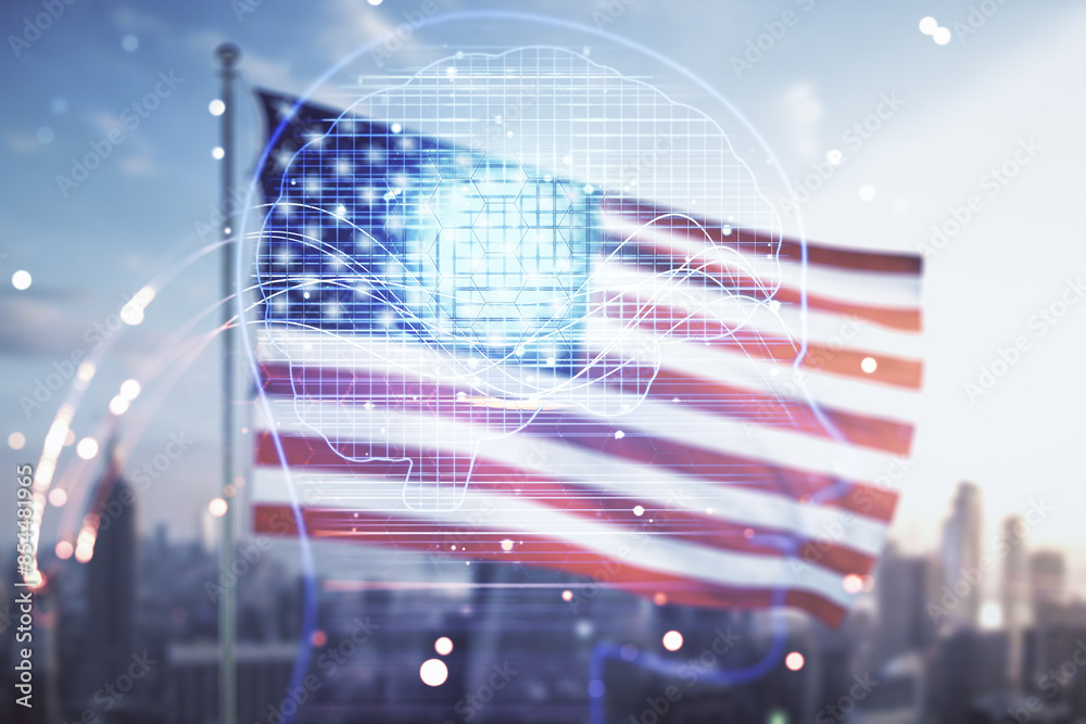 Aufkleber double exposure of creative artificial intelligence hologram on usa flag and blurry cityscape backgr