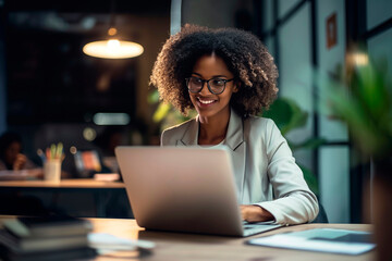 African female entrepreneur working on laptop and explaining strategy to attract followers to online store while having meeting with colleagues in office