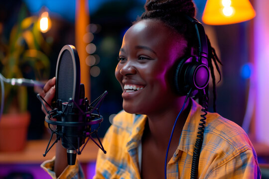 Happy african woman podcaster in headphones using microphone while broadcasting from studio