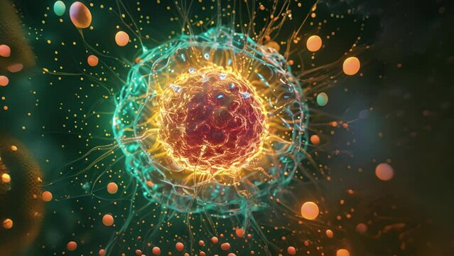 Fluorescent microscopy animation of an activated B lymphocyte surrounded by a glowing ring of antigens.