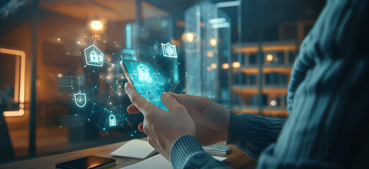 digital security icons on a smartphone in a nighttime office setting, highlighting home and business protection symbols with a modern tech ambiance. Education on mobile online safety and data