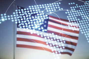 Abstract virtual world map with connections on USA flag and sunset sky background, international trading concept. Multiexposure