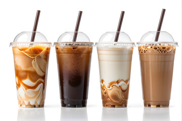 Drink banner, Set of cold ice coffee, caramel latte coffee and black Americano coffee cold in to go plastic glass with straw and the lid on isolated clipping path clean cut on white background.