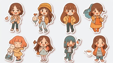Fototapeta premium A set of stickers with cute illustrations of girls wearing different outfits, holding various accessories and items like a bag, a drink, and a pet.