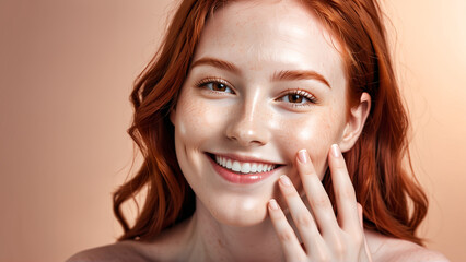 Fototapeta premium Woman smiling while touching her flawless glowy skin with copy space for your advertisement, skincare 