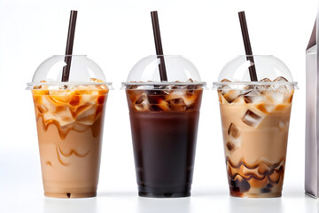 Drink banner, Set of cold ice coffee, caramel latte coffee and black Americano coffee cold in to go plastic glass with straw and the lid on isolated clipping path clean cut on white background.