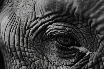 A closeup of an elephant's face, focusing on its skin texture and the detailed wrinkles around one eye. The image captures the subject in the style of copy space for text
