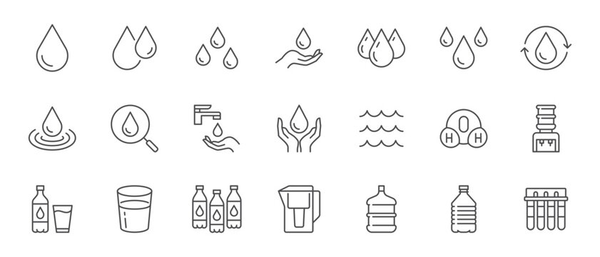 Water line icon set. Rain drops, glass, H2O molecule, purification filter, pure aqua outline vector illustration. Linear pictogram for drink. Editable Stroke