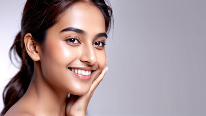 Fototapeta premium Woman smiling while touching her flawless glowy skin with copy space for your advertisement, skincare 