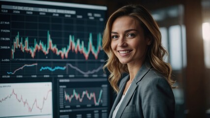 An experienced businesswoman standing next to a monitor displaying real-time charts. She is happy and smiling with confident.