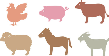 シンプルな家畜、食肉動物のシルエットイラスト
