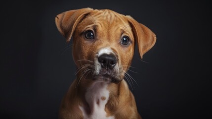 Adorable puppy against black backdrop gazing at the camera frontal perspective in a studio setting emphasizing its cute face