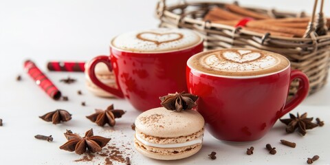 Two red cups of cappuccino, star anise, wicker basket with macaroons, cinnamon sticks.