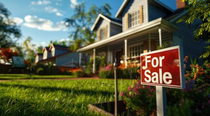 Obraz premium Home for sale among lush greenery with a prominent 