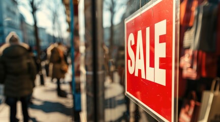 A vibrant and colorful urban street scene with a focus on a large "SALE" sign reflecting bustling city life and commerce