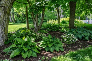 A meticulously maintained garden showcasing a variety of lush green foliage and vibrant flowers under the shade of trees