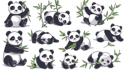 Naklejka premium A collection of adorable panda bears in various poses surrounded by bamboo.