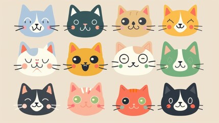 A collection of 12 cartoon cat faces in various colors and expressions against a beige background.