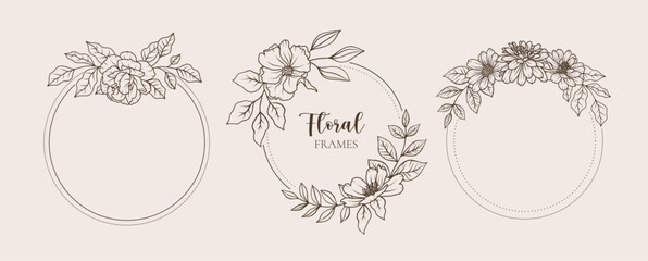 Round floral frame border. Flower wreath line art ornament. Wedding decoration design. Elegant leaf logo circle emblem. Vector illustration in outline style