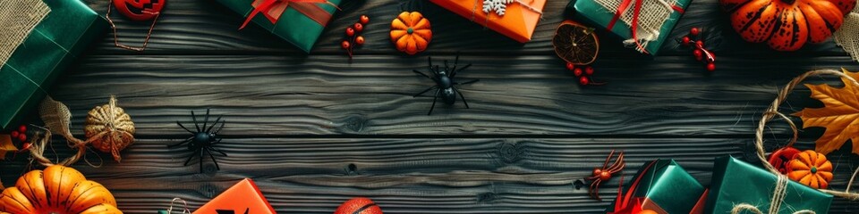 Happy Halloween Holiday Banner Design. Flatlay of Orange, Red, and Green Gift Boxes, Pumpkins, and Spiders on Wooden Table Surface. Ideal for Halloween Background, Website Header Design, Birthday Gift