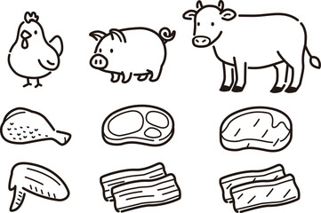 Fototapeta premium シンプルな食肉と動物のイラストセット。鶏肉、豚肉、牛肉